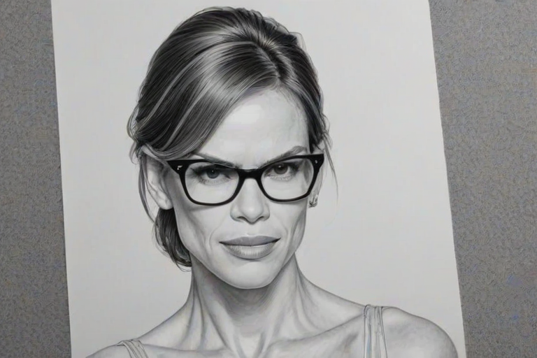 Magnificent Hilary Swank, pencil sketch, portrait of Exquisite woman 1964s in glasses, hair style beatnik, outline, clear lines, fine lines, 8k