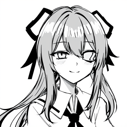 1girl, Best quality, quan,hyouuma,wanke,nikorashi-ka,sofra,you shimizu, voice actor connection, white background, looking at viewer, monochrome, hair between eyes, closed mouth, smile, cosplay, sketch, long hair, greyscale, eyepatch, twintails, low twintails, portrait, kagune (tokyo ghoul), solo, crossover, simple background,
