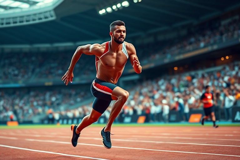 Generate a high-resolution image of a male sprinter in motion on a track, showcasing muscular definition and dynamic movement, with a blurred stadium background filled with cheering fans, captured in 85mm lens with f/1.8 aperture, ISO 100, and high shutter speed to freeze action, using a Canon EOS R5 with vivid colors and enhanced details.
