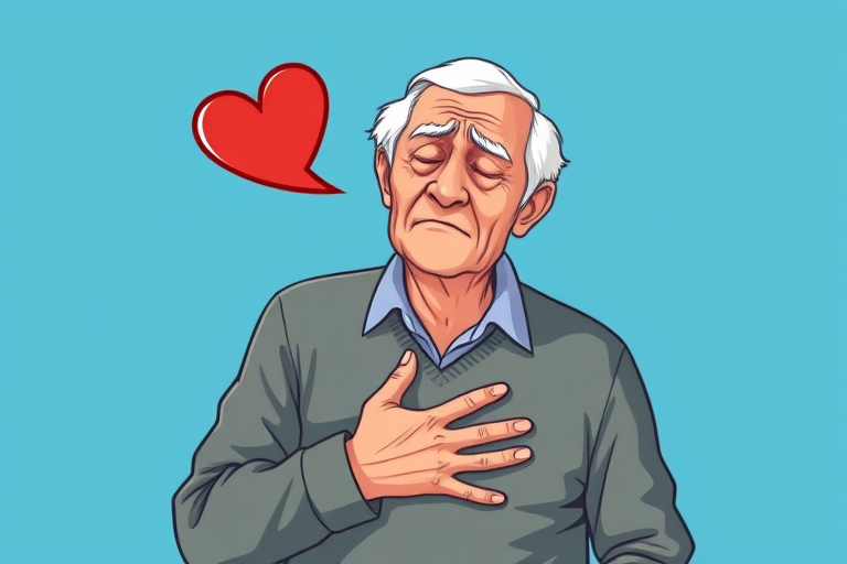 Generate an illustration of an elderly man clutching his chest with a pained expression, a broken heart symbol above him, bright blue background, shot with a Canon EOS 5D Mark IV at f/4, ISO 100, 50mm lens for sharp focus and vibrant colors.