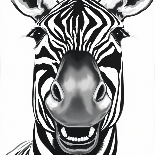 Abstract black and white acrylic portrait of an over exaggerated laughing (Zebra). Minimalism style. White background.