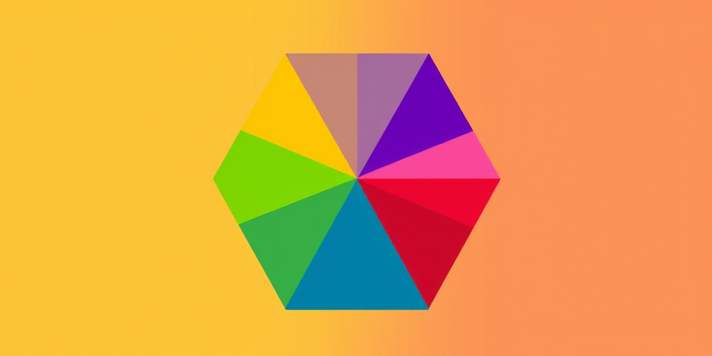 Create a high-resolution image of a hexagon divided into six triangles with distinct colors: yellow, green, blue, purple, pink, and red, shot using a DSLR camera with a 50mm lens, f/2.8 aperture, ISO 100, and natural lighting to enhance vibrancy and contrast.