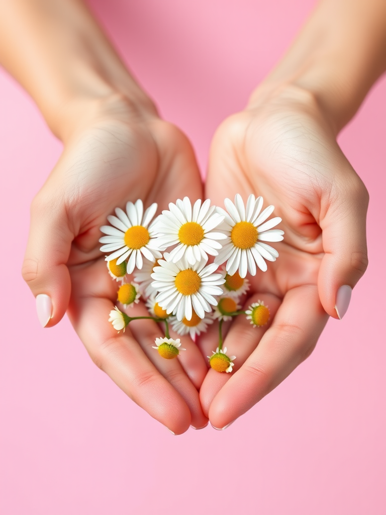 Close-up shot of two hands holding delicate white daisies against a soft pink background, using a DSLR camera with a 50mm lens, aperture f/2.8, ISO 100, natural light for soft shadows.