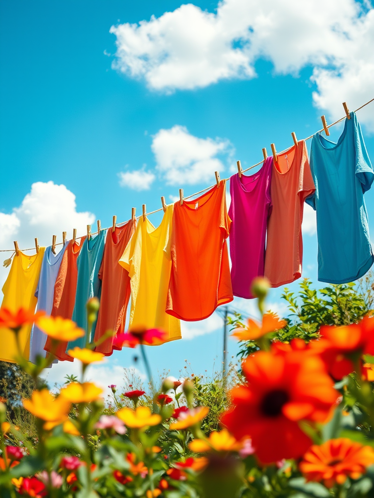 regenerate an illustration of colorful clothes hanging on a clothesline in a sunny outdoor setting, with blue sky and fluffy clouds, vibrant flowers in the foreground, use a Canon EOS 5D Mark IV, 50mm lens, f/8 aperture, 1/200 sec shutter speed, bright and vibrant color saturation, shallow depth of field to isolate the clothes, natural lighting.
