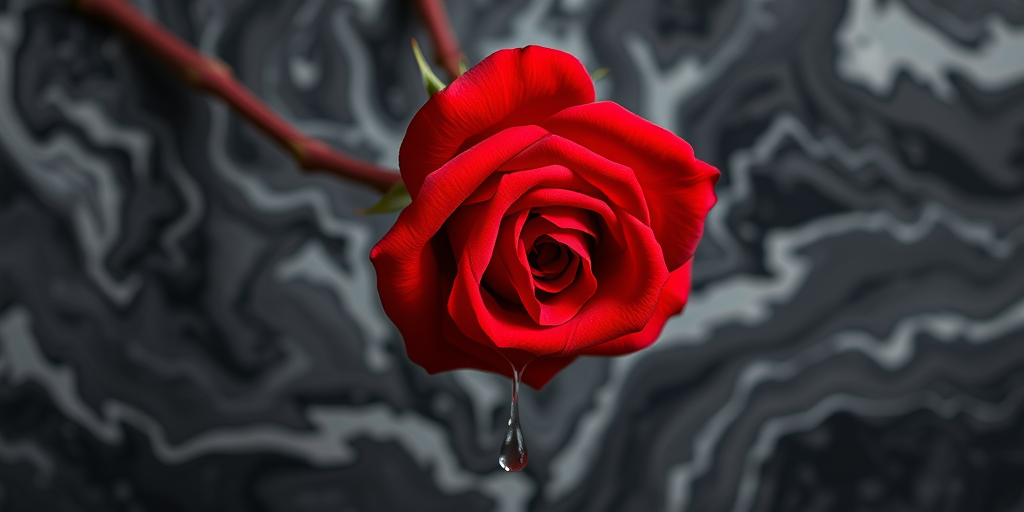 Create a hyper-realistic image of a single red rose with a droplet of blood hanging from it, set against a backdrop of black and white marbled textures; use a DSLR camera with a 50mm lens, f/1.8 aperture, ISO 100, and natural lighting to capture a shallow depth of field and vibrant colors.