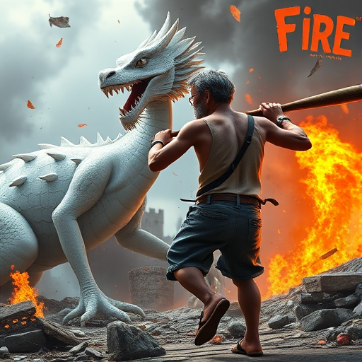 Cartoon 3D High-Resolution,dynamic battle scene using Unreal Engine 5 and Octane Render. The scene features back of an elderly, thai man with a beard,messy hair and round golden-rimmed glasses. He is wearing a tattered tank top with soot marks, shorts, and sandals. sweating. he wields a baseball bat. He jump to fight with a white fire-breathing Europe dragon amidst a partially destroyed stone castle. Include intense flames, smoke, and debris to enhance the dramatic effect.