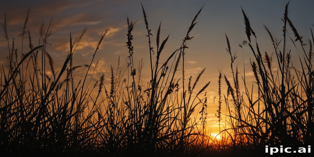 Golden Sunset Glowing Behind Tall Grass Silhouettes in the Evening Sky