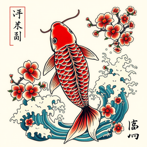 Traditional Japanese irezumi tattoo named "Koi Ascending" featuring a large colorful koi fish swimming upwards through swirling water and cherry blossoms symbolizing perseverance and transformation with bold outlines and vibrant colors characteristic of the style incorporating elements of nature such as waves clouds and wind bars to create a dynamic and harmonious composition