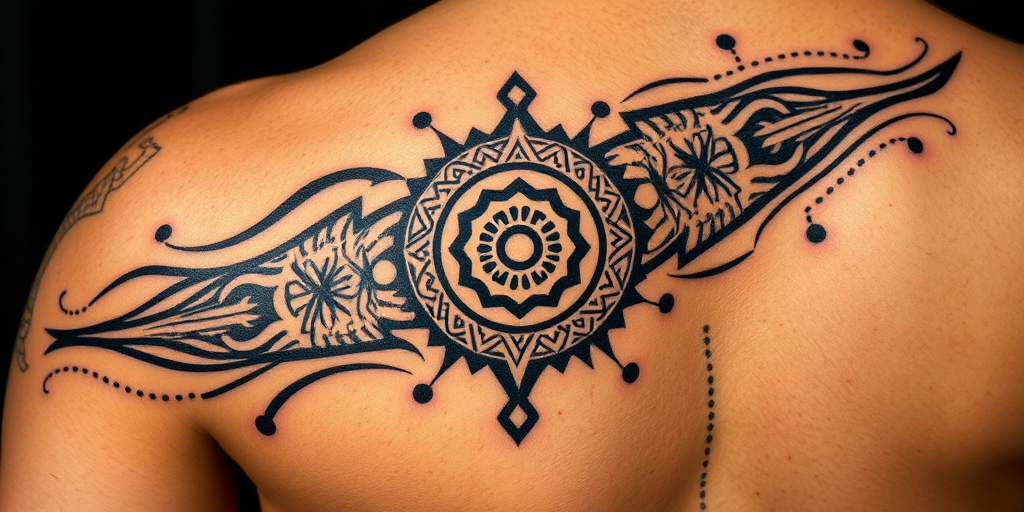 Tribal fusion tattoo called "Ancient Modernism" blending traditional tribal patterns with contemporary geometric shapes and dot work creating a unique hybrid style that bridges ancient and modern aesthetics