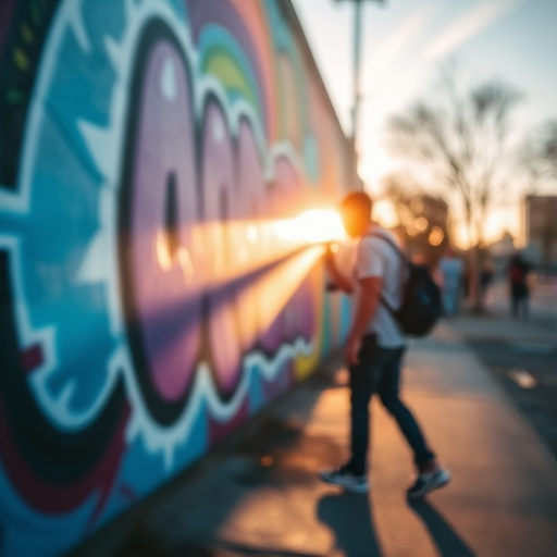 Blurry candid shot of a street artist spray-painting a mural on a large wall, vibrant colors blending together, with soft golden light from a nearby sunset casting long shadows on the ground.