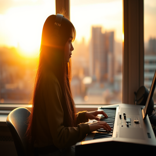 A girl with long black hair wearing headphones sits at a keyboard in a cozy room, soft golden light from a sunset filters through a window, city skyline visible in the background, shot with a Canon EOS R5, 50mm lens, f/1.8, ISO 100, soft focus on background for depth.
