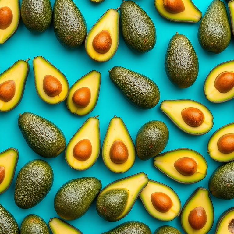 create a seamless pattern of avocados with a bright blue background, high-resolution, aperture f/8, ISO 100, 35mm lens, top-down view, digital art style, sharp focus