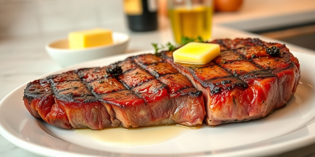 Create an image of a perfectly seared ribeye steak, resting on a white plate with a pat of melting butter on top. The steak is seasoned with fresh herbs like thyme and parsley, with glistening juices highlighting the texture of the meat. The background features a soft focus on a light, marble countertop, with a small dish of butter and an olive oil bottle in the distance. The overall mood should be warm and inviting, capturing the deliciousness and juiciness of the steak.