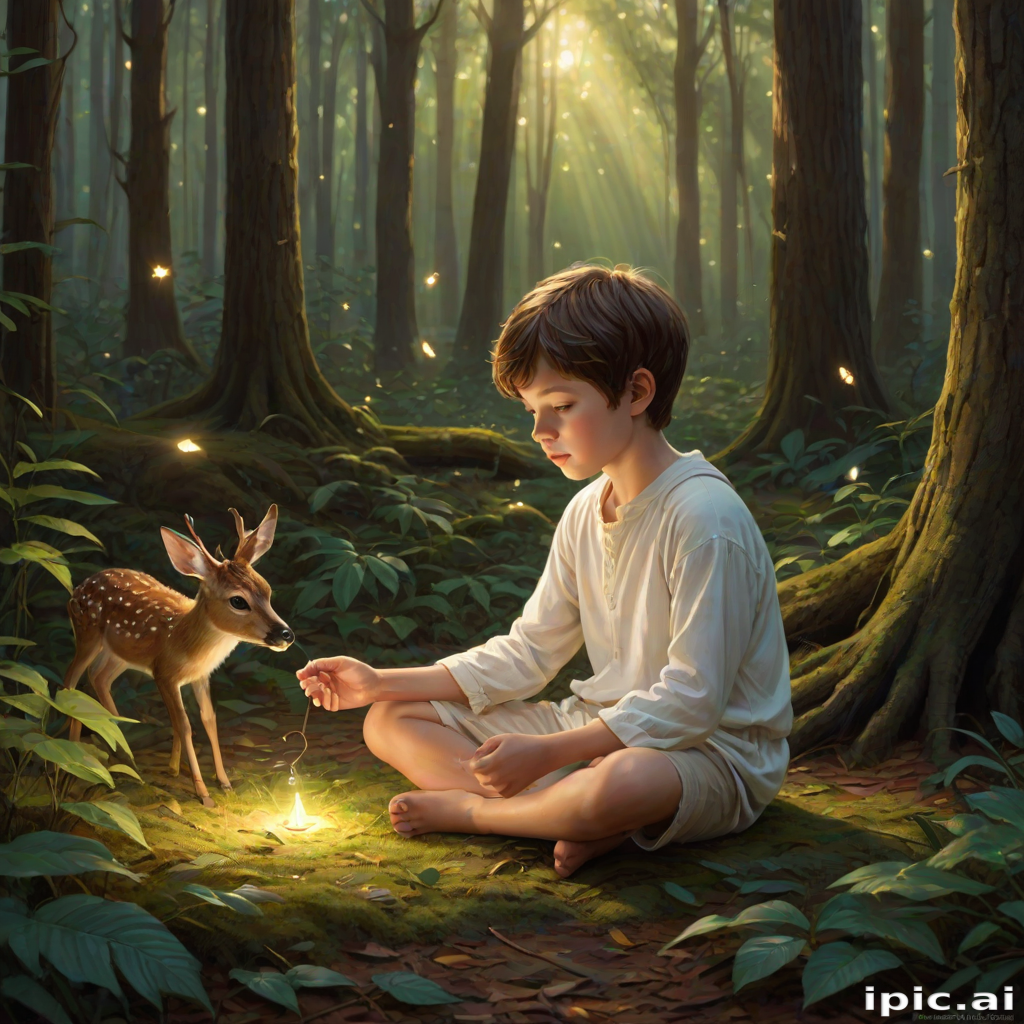 A luminous digital painting of a serene forest scene featuring a barefoot young boy, about 7 years old, with brown hair and fair skin, dressed in a simple white outfit. He sits cross-legged on the forest floor, gazing at a small, glowing, magical firefly in his hand. Beside him, a delicate spotted deer lies calmly on a bed of dried leaves, observing the scene. The dense forest is bathed in warm, golden light filtering through the trees, creating a peaceful, magical atmosphere with a blend of natural and mystical elements.