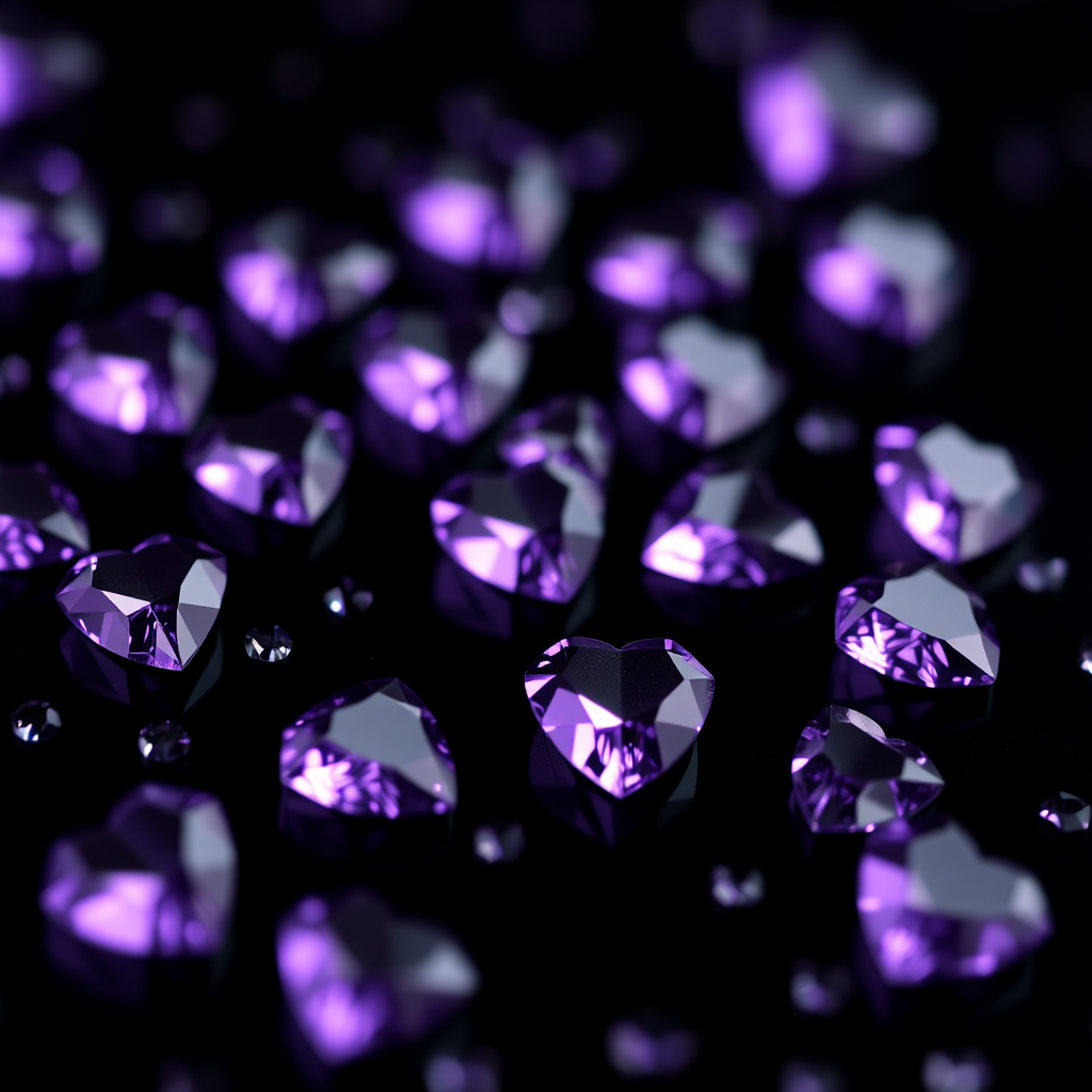 high-resolution image of purple heart-shaped diamonds scattered across a dark background, macro lens, f/1.8 aperture, 50mm lens, ISO 100, soft focus lighting, studio setup