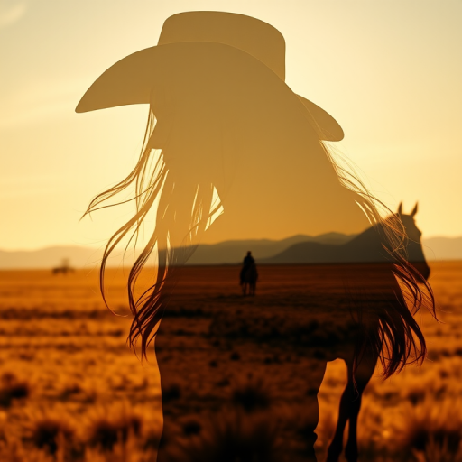 "Create a Double exposure", a silhouette "profile portrait of a young cowgirl" with long hair "superimposed" against a long shot of a cowgirl riding a horse across the plains, fantastic view, 32k, cinematic, hyper-realistic.