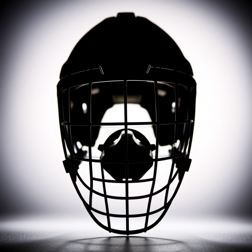 Create a high-resolution image of a hockey goalie mask silhouette on a solid background, using a DSLR camera with aperture set to f/2.8, ISO 100, shutter speed 1/250s, taken from eye level with a slight focus on the mask's details, in portrait orientation.