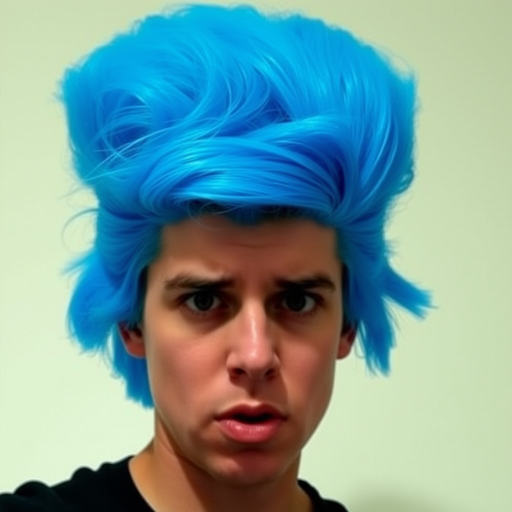 Image of a person with their hair styled upright,  in a cylinder shape. The hair  color is neon blue and appears to be held in place by a hair product, giving it a fluffy texture. The background is nondescript, and the person's face is looking at the viewer nervously.
