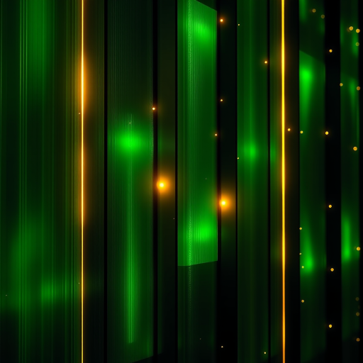 Create a high-resolution abstract digital wall with vertical green panels and glowing golden accents, shot with a Canon EOS R5, 35mm lens, f/1.4 aperture, ISO 100, in a low-light setting for enhanced luminescence and depth.