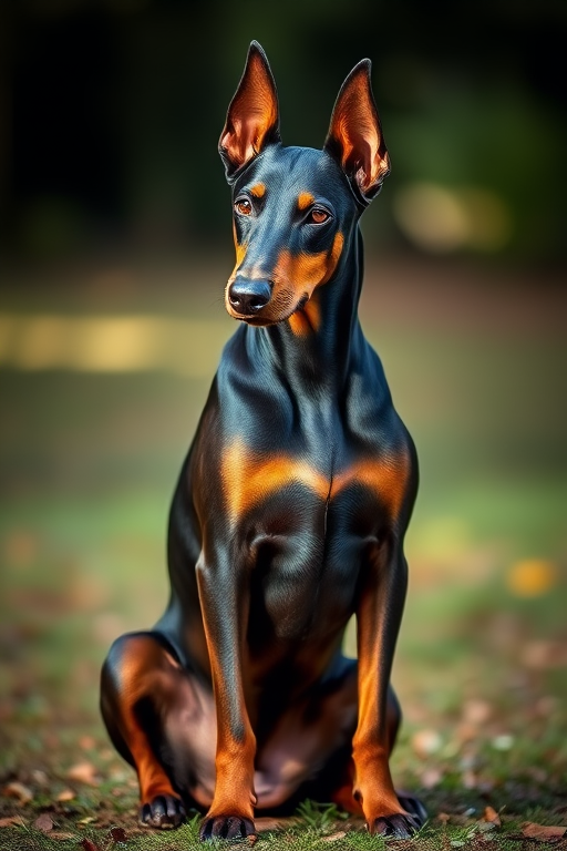 photograph a Doberman sitting elegantly with a slight head turn, 50mm lens, f/2.8 aperture, ISO 100, natural lighting, shallow depth of field, DSLR camera