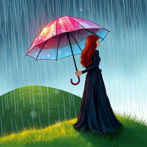 A surreal hand-drawn digital artwork depicting a mysterious red-haired woman standing on a grassy hill under the rain. She holds an umbrella crafted from iridescent zircon, its vibrant sheen contrasting with the soft, rainy atmosphere. The scene feels dreamlike, blending the natural elements of the hill and rain with the otherworldly shimmer of the umbrella.