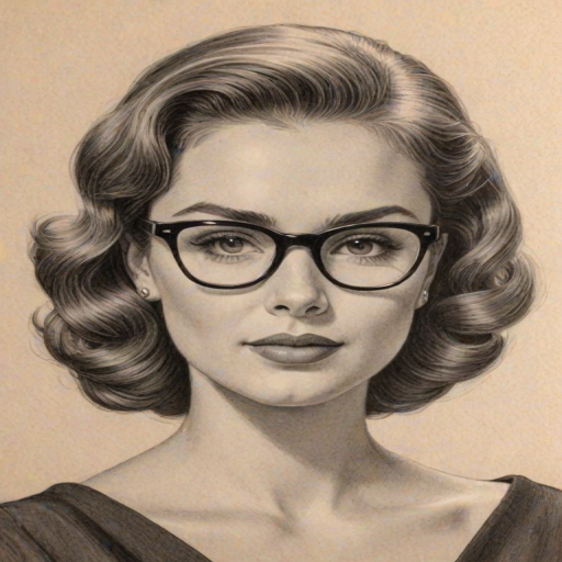 Captivating Demi Burnett, pencil sketch, portrait of Ravishing woman 1953s in glasses, hair style beatnik, outline, clear lines, fine lines, 8k