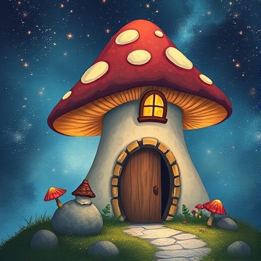 this photo is illustration of a mushroom house with a door and a window, a storybook , fantasy art, mushroom house, bg starry sky, sparkles
