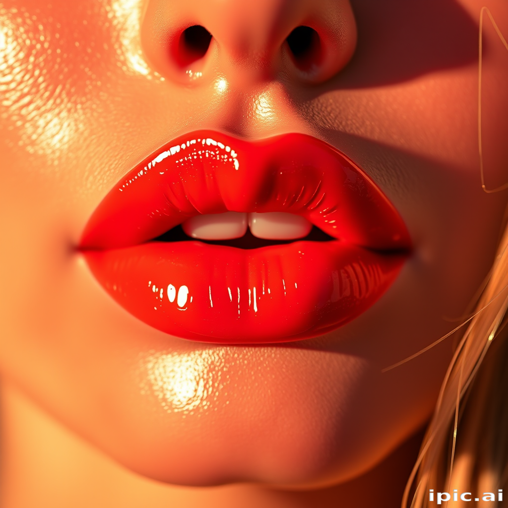 Vibrant coral sunset lips shine with glossy brilliance, accentuating plump contours and subtle ombre effect, exuding warmth and allure in high-resolution detail