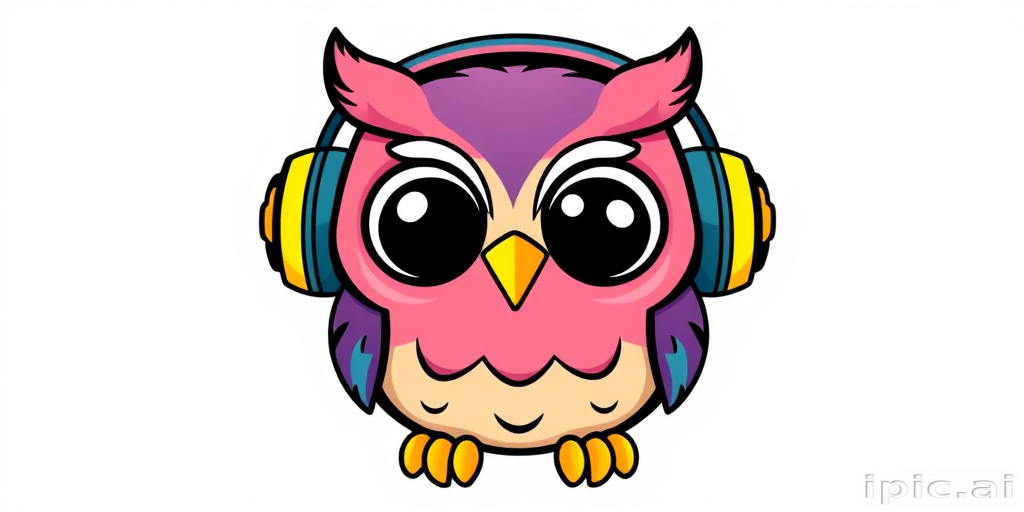 sticker, Happy Colorful Owl wearing Headphones, kawaii, contour, vector, white background