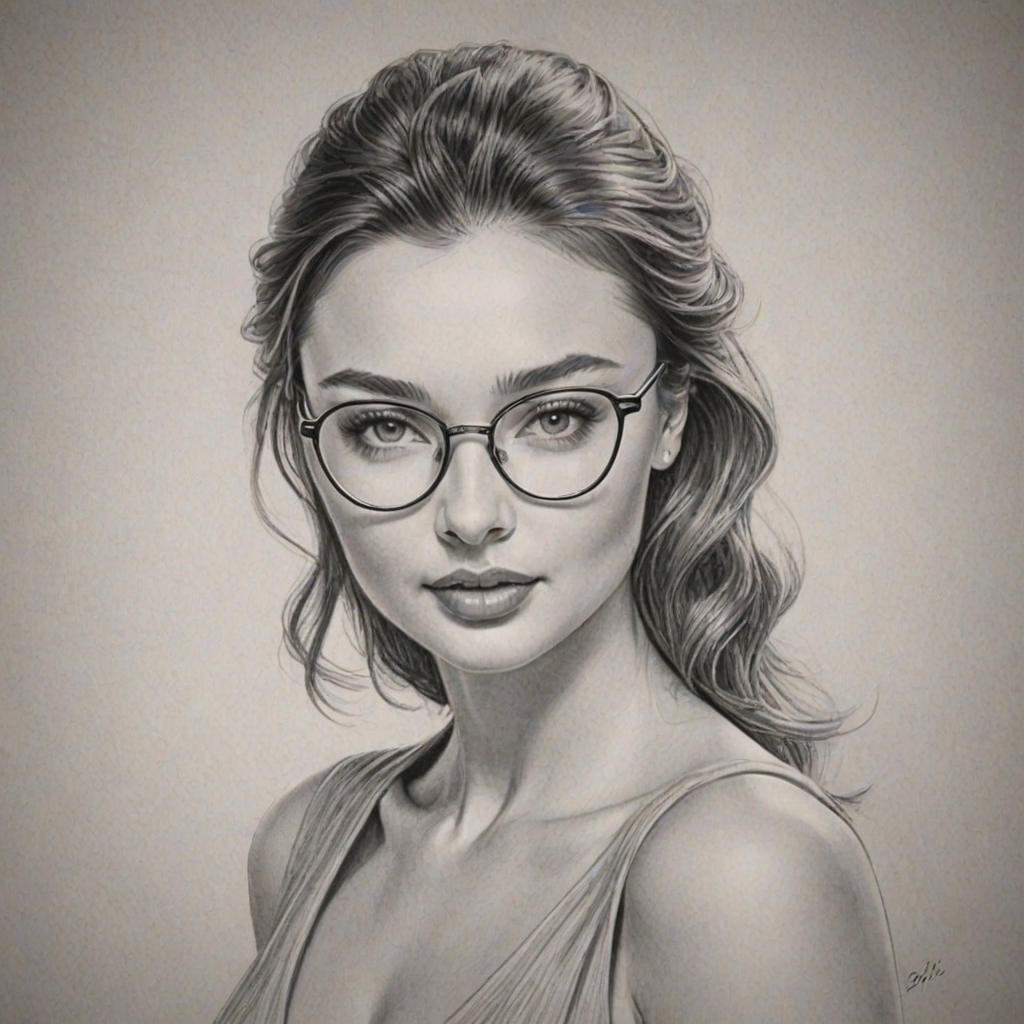 Bewitching Miranda Kerr, pencil sketch, portrait of Elegant woman 1955s in glasses, hair style beatnik, outline, clear lines, fine lines, 8k