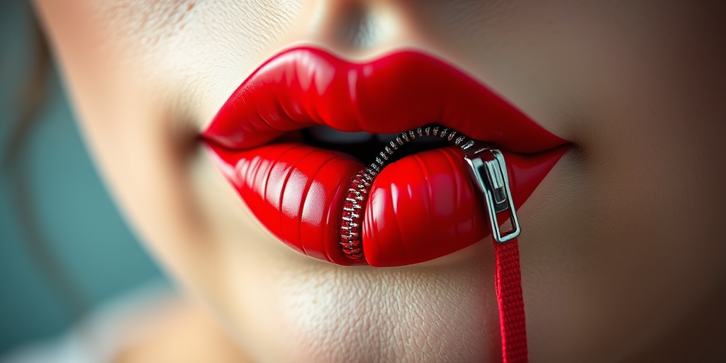 Create an image of a stylized red lip graphic featuring a zipper, photographed with a DSLR camera at f/2.8, ISO 100, 50mm lens, with a shallow depth of field and soft focus background for enhanced detail and clarity.