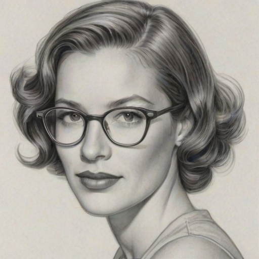 Delightful Brooke Langton, pencil sketch, portrait of Enticing woman 1935s in glasses, hair style beatnik, outline, clear lines, fine lines, 8k