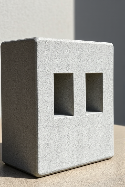 Create a high-resolution image of a textured gray concrete block with three evenly spaced rectangular cutouts, shot in natural light using a DSLR camera at f/8 aperture, ISO 200, and a focal length of 50mm, from a straight-on view to emphasize the details.