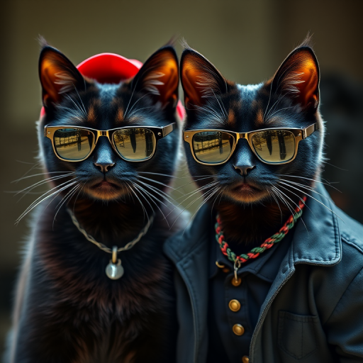 Create a high-resolution digital artwork of two stylish black cats wearing sunglasses and fashionable clothing, with one wearing a red cap, using a Canon EOS 5D Mark IV camera, 50mm lens, f/1.8 aperture, ISO 100, natural lighting, and a portrait view for enhanced detail and vibrancy.