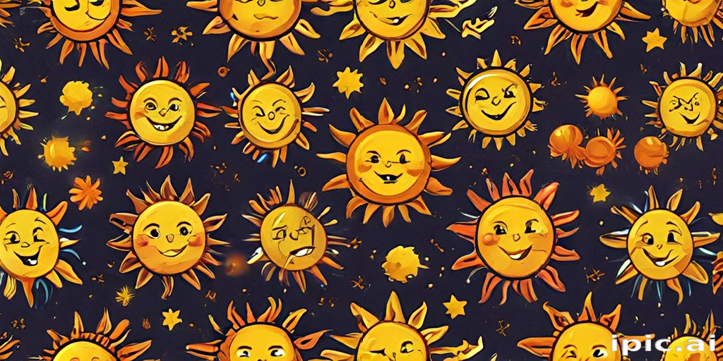 Cheerful Sun Faces with Unique Expressions Against a Dark Starry Background