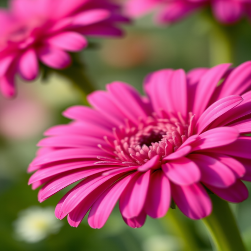 Close-up shot of a vibrant pink gerbera daisy with detailed textures, using a Canon EOS R5 camera, 100mm macro lens, aperture f/2.8, ISO 100, natural light, shallow depth of field for a soft background blur.