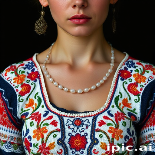 Face, shoulders, chest covered in openwork Ukrainian embroidery. Raw, unedited image.
