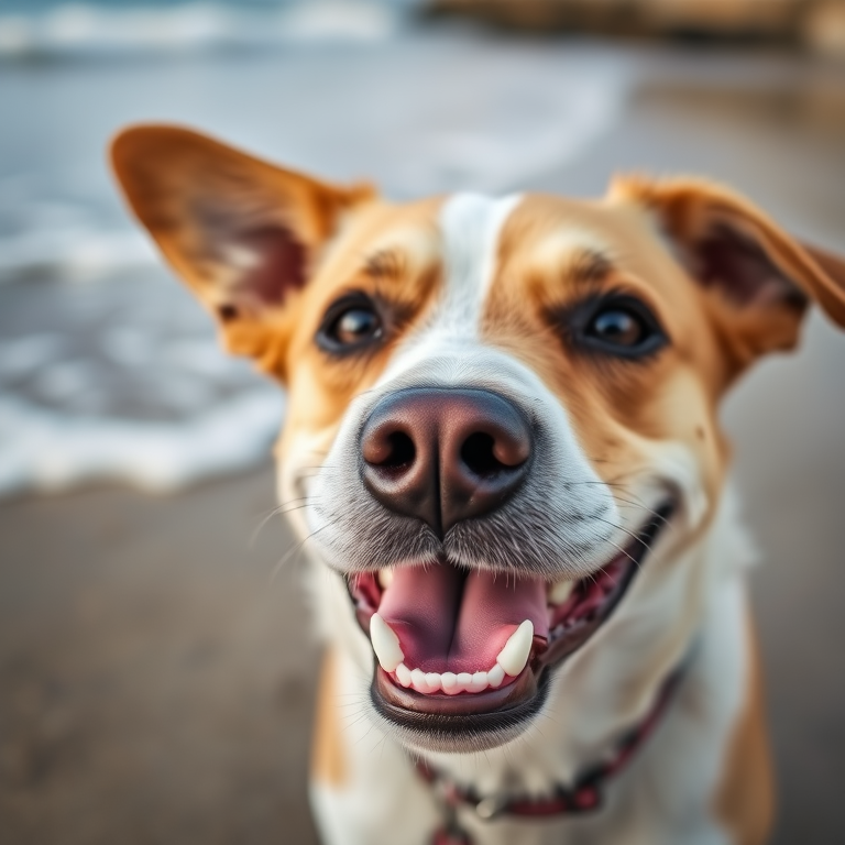 Close-up of a happy dog at the beach with waves in the background, taken with a DSLR camera, 50mm lens, aperture f/2.8, ISO 100, natural light, shallow depth of field.