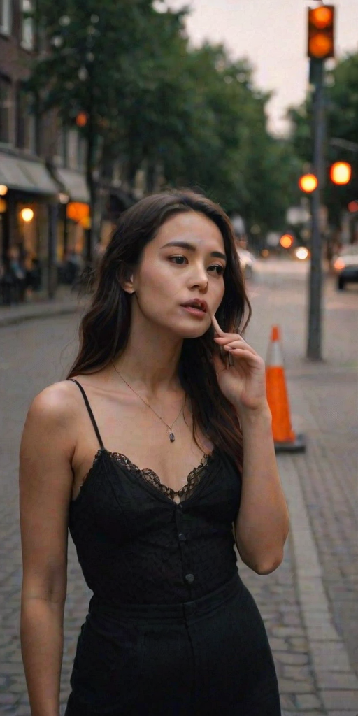 Low-resolution photo, likely shot on a mobile phone, shows noticeable grain and slight blurriness. Young woman, early 20s, casual attire, wearing a black lace camisole, delicate necklace. Leaning slightly forward, lips puckered as if blowing a kiss, long wavy dark hair cascading over her shoulders, minimal makeup closed eyes. Night street scene in the background, urban setting, tree trunk on the right, traffic cones, parked cars, and illuminated storefronts, warm light from street lamps, dutch angle