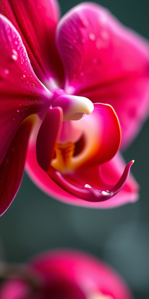 macro shot of a vibrant red orchid flower with water droplets on petals, shallow depth of field, aperture f/2.8, ISO 100, natural light, soft bokeh background, taken with a DSLR camera using a 100mm macro lens