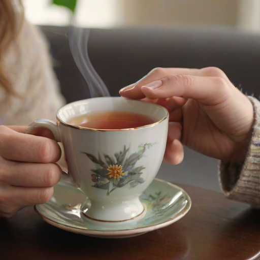 Close-up of a woman’s hands holding a steaming cup of herbal tea, soft light highlighting the delicate teacup, with a cozy living room softly blurred in the background.