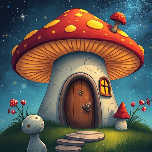 generate illustration of a mushroom house with a door and a window, a storybook , fantasy art, mushroom house, bg starry sky, sparkles