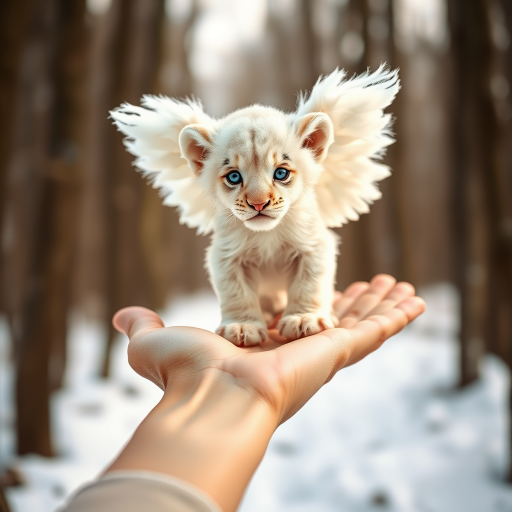 A small, white lion cub with angelic wings standing on a human hand. The cub has a soft, fluffy texture with detailed fur, expressive blue eyes, and a curious expression. The wings are large and feathery, blending seamlessly with its fur, giving an ethereal appearance. The background is a winter forest, with the ground covered in snow and blurred brown trees, creating a serene atmosphere. The human hand in the foreground is positioned palm-up, supporting the lion cub gently, fingers slightly curled. The lighting is soft and diffused, enhancing the tender and magical feel of the scene. Colors are predominantly neutral with white, cream, and soft browns, contrasting with the subtle blue of the lion cub's eyes. The overall composition is balanced, with the cub at the center, creating a focal point that draws the viewer's attention immediately.