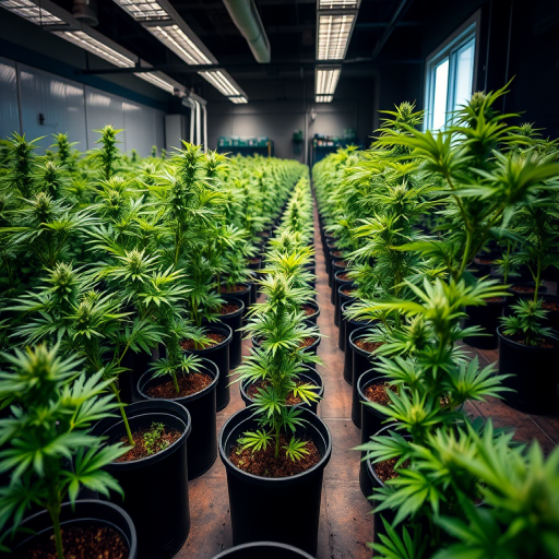 Capture a vibrant indoor cannabis cultivation facility with rows of healthy green plants in black pots, using a Canon EOS 5D Mark IV with a 24-70mm f/2.8 lens, aperture set to f/8 for depth of field, ISO 400 for clarity, and window light for natural illumination, wide angle view to highlight the scale and organization of the setup.