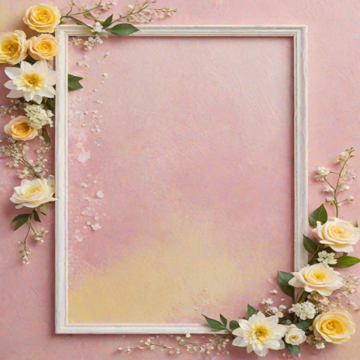 Create a soft pastel pink background with a textured appearance, transitioning from pink at the top to a light yellow at the bottom, framed with subtle white floral elements along the edges.