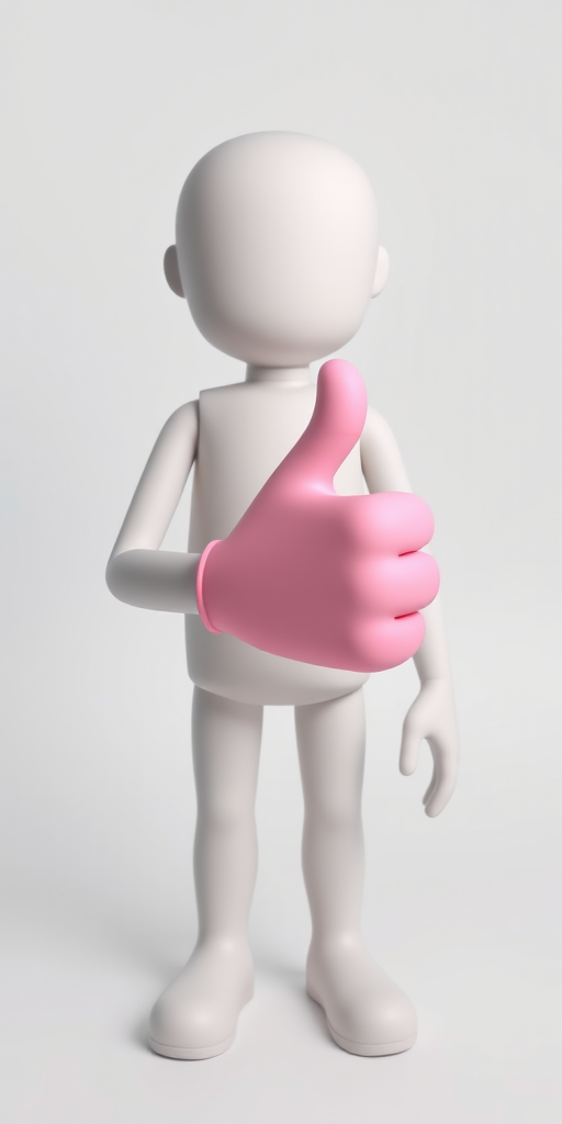 Create a 3D model of a humanoid figure with a smooth, featureless surface, holding a large pink thumbs-up hand, set against a clean white background, using a Canon EOS R5 camera, 50mm lens, f/2.8 aperture, ISO 100, in a studio lighting setup.