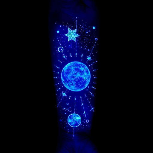 Mystical UV ink tattoo titled "Celestial Secrets" revealing hidden constellations and cosmic imagery when exposed to blacklight, creating a magical and otherworldly effect on the forearm