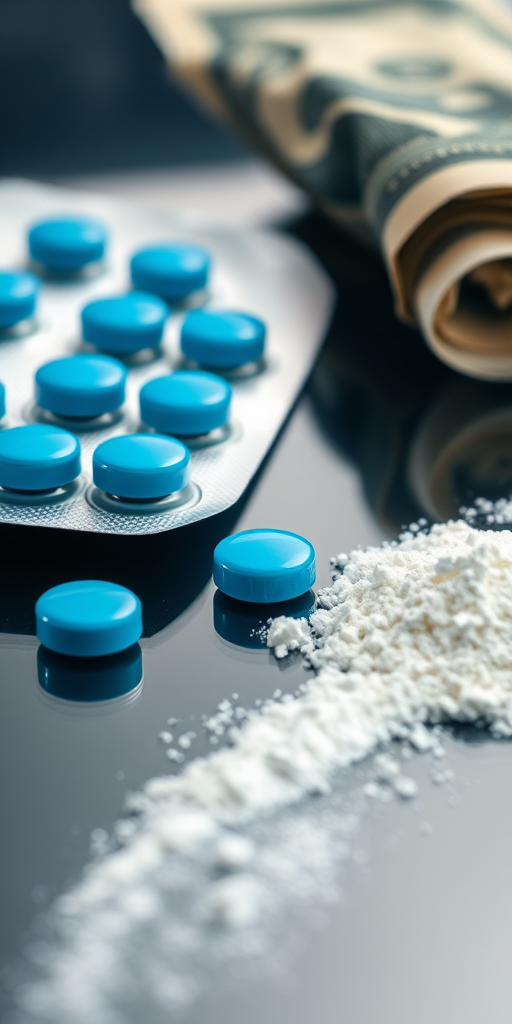 Close-up shot of a blister pack of blue pills, crumpled dollar bill, and a line of white powder on a reflective surface, using a DSLR camera with a 50mm lens, aperture f/2.8, ISO 100, 1/125 sec, soft diffused lighting for enhanced detail.