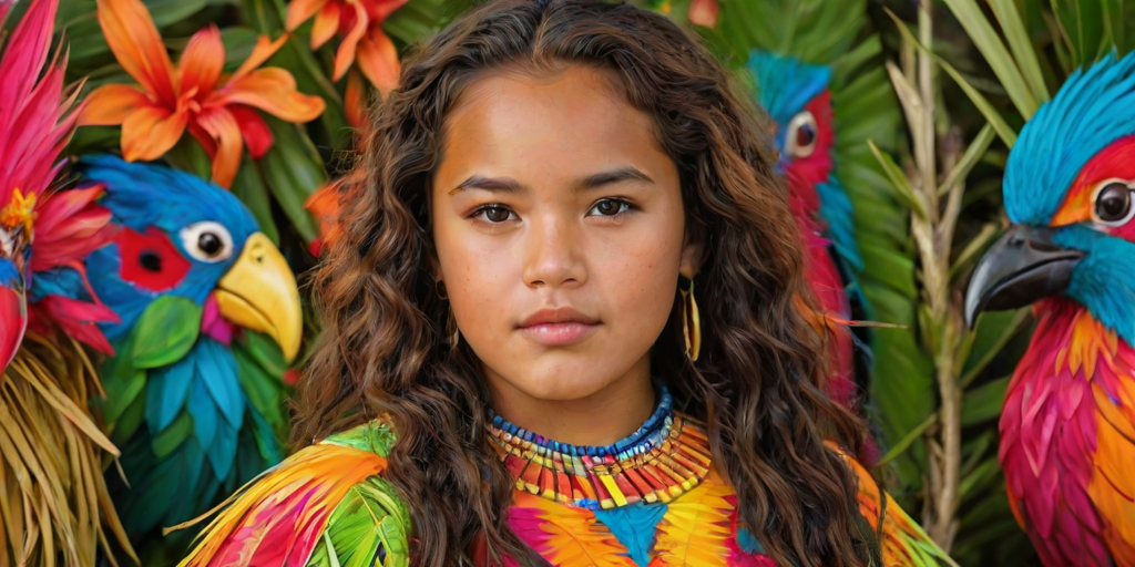 A beautiful Samoan girl, wearing colorful bird clothing with vibrant colors