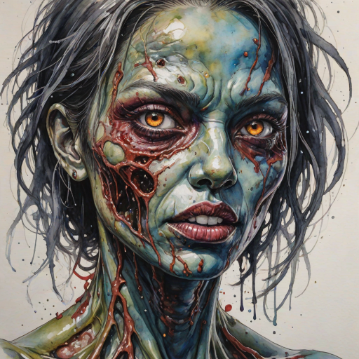 (perspective) of A creepy (ethnicity) zombie cyborg with (descriptive color) skin, (color) lipstick (color) liquid flowing from her eyes and mouth, (perspective two) portrait, (camera angle), extremely detailed, (art style) in the style of Yoshitaka Amano and Tetsuo Hara. --ar 85:128 --style raw --niji 6